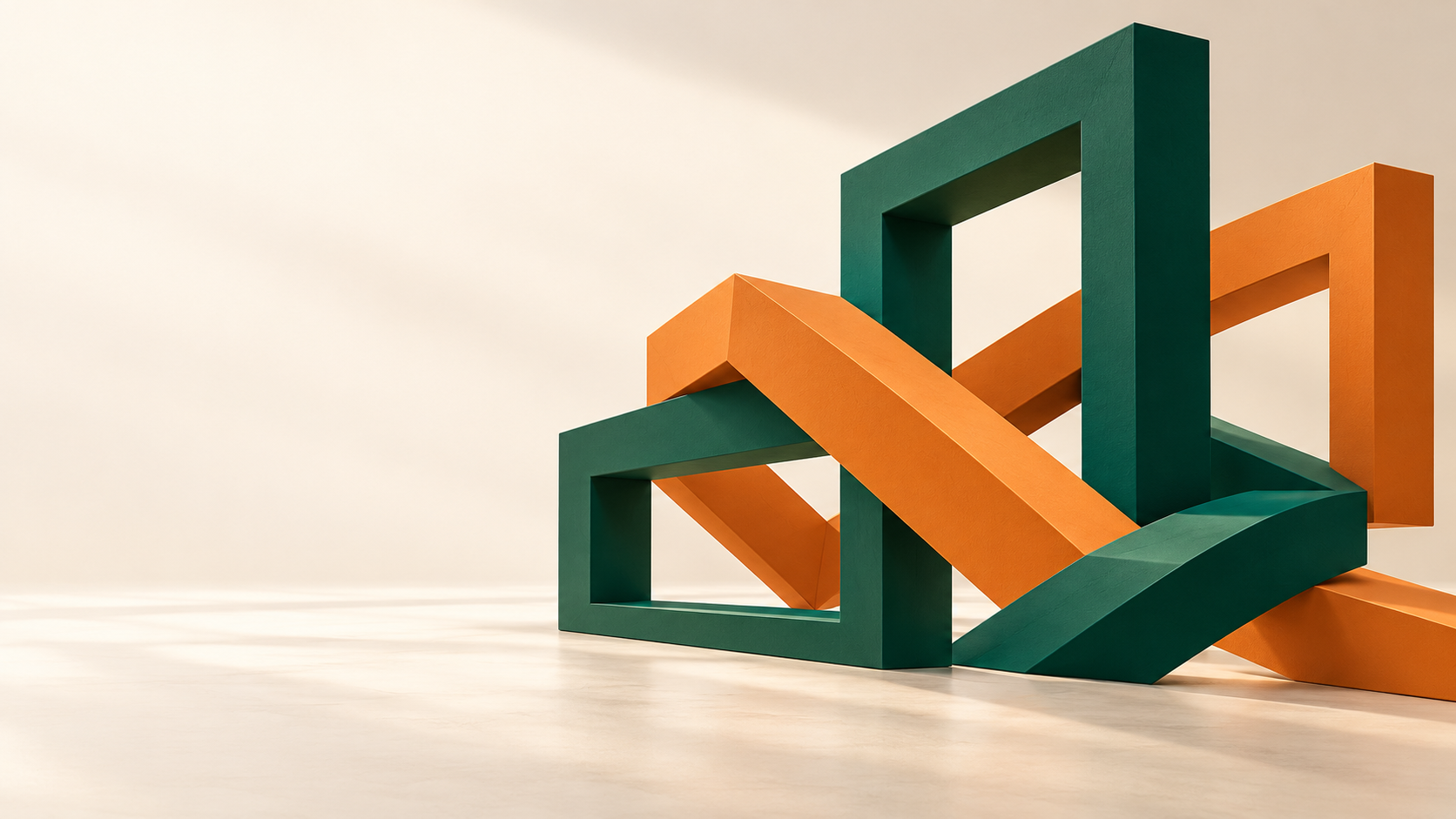 Interlocking green and orange architectural forms